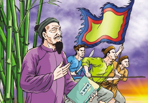 Đây là 2 câu thơ trong bài thơ Than đạo của Nguyễn Đình Chiểu. Hai câu thơ này cũng chính là minh chứng tiêu biểu cho quan điểm văn học của Nguyễn Đình Chiểu. Vốn là nhà nho yêu nước, bị mù không thể cầm vũ khí chống giặc, Nguyễn Đình Chiểu sử dụng văn chương để “đánh giặc”. Ảnh: Nhà xuất bản Kim Đồng.