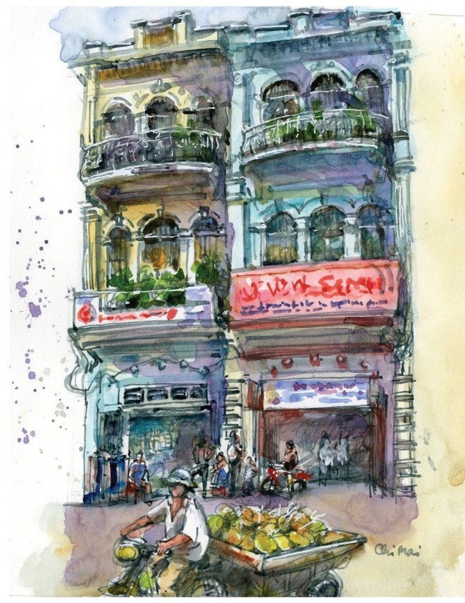 br/> Ký họa nhà số 17 và 19 Nguyễn Thi ngày nay. Vào thập niên 1930, nơi đây là các cửa tiệm bán vải và lụa.