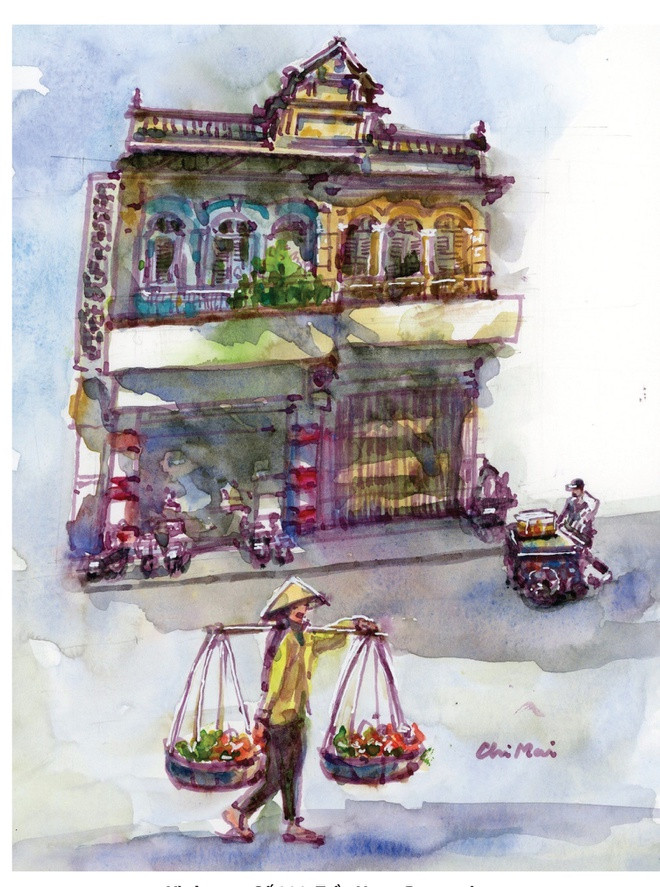 br/> Ký họa tòa nhà kiến trúc thời Pháp số 329 Trần Hưng Đạo, quận 5. Tòa nhà nằm giữa các nhà mới xây cất lại.