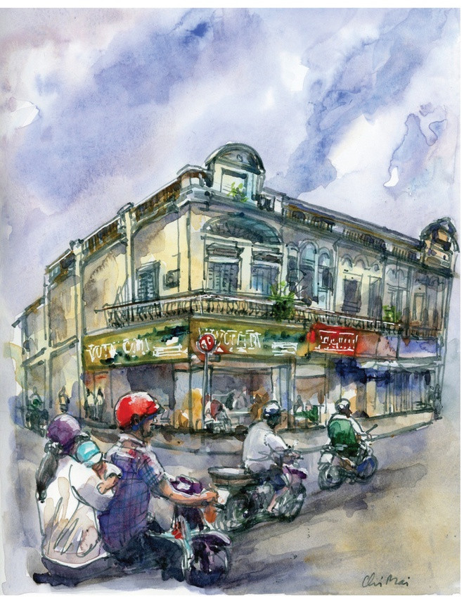 br/> Ký họa tòa nhà hai tầng kiến trúc thời Pháp, số 287-289-291 Trần Hưng Đạo (góc đường Trần Hưng Đạo và Trần Hòa) quận 5.