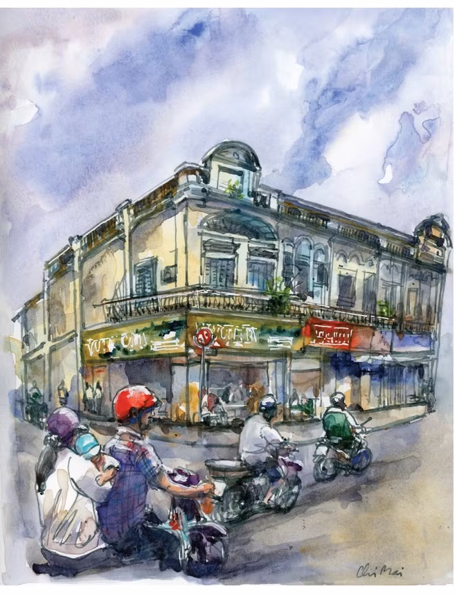 br/> Ký họa tòa nhà hai tầng kiến trúc thời Pháp, số 287-289-291 Trần Hưng Đạo (góc đường Trần Hưng Đạo và Trần Hòa) quận 5.