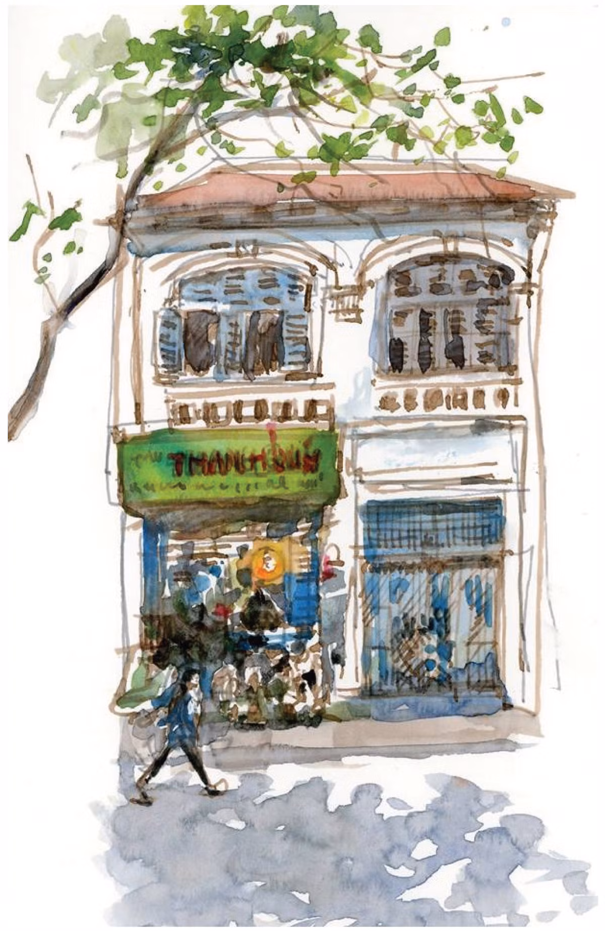 Bên cạnh giới thiệu những tư liệu, hình ảnh Sài Gòn - Chợ Lớn xưa và TP.HCM ngày nay, cuốn sách còn có hàng chục bức ký họa của tác giả Võ Chi Mai ghi lại phố cổ, nhà cổ quanh Chợ Bến Thành và Chợ Lớn. Những bức ký họa này phần nào cho thấy sức hút của TP.HCM không chỉ ở sức mạnh kinh tế, bề dày lịch sử, cá tính nhân văn của cư dân, mà còn là kiến trúc, cảnh quan gây ấn tượng, cảm hứng cho sáng tác văn hóa nghệ thuật. Đây là bức ký họa cửa tiệm mặt phố 2 tầng thời Pháp số 51-53 đường Yersin, quận 1.