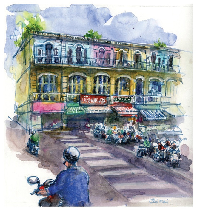 br/> Ký họa dãy nhà 3 tầng thời Pháp ở góc đường Trần Hưng Đạo và Châu Văn Liêm.