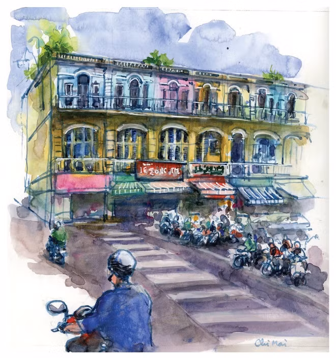 br/> Ký họa dãy nhà 3 tầng thời Pháp ở góc đường Trần Hưng Đạo và Châu Văn Liêm.