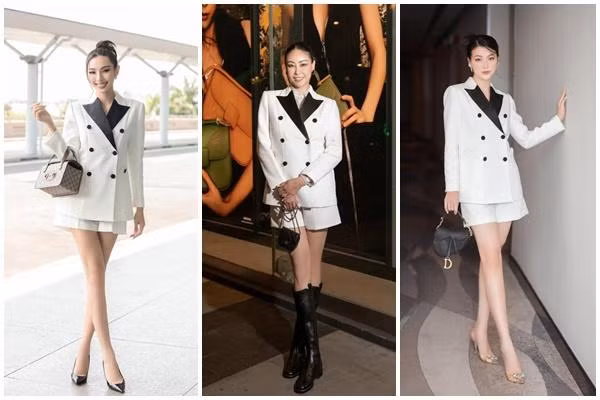 3 nàng hậu đình đám cùng diện bộ suit quần short màu trắng thanh lịch. Hà Kiều Anh hơn Thùy Tiên 22 tuổi, Phương Khánh 19 tuổi song cô vẫn chẳng ngán đụng hàng đàn em.
