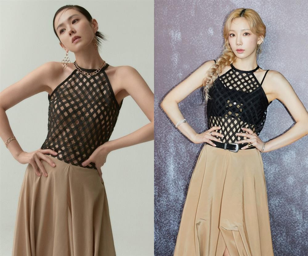 on Ye Jin và Tae Yeon "mặc chung" áo xuyên thấu táo bạo. Hai chị đẹp Kbiz cũng phồi với chân váy nude nhưng bà xã Hyun Bin tinh tế và khéo léo trong việc chọn nội y hơn trưởng nhóm SNSD.