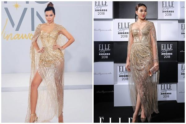 à Anh "chạm trán" Thanh Hằng trong cùng 1 thiết kế đính kết lấp lánh.