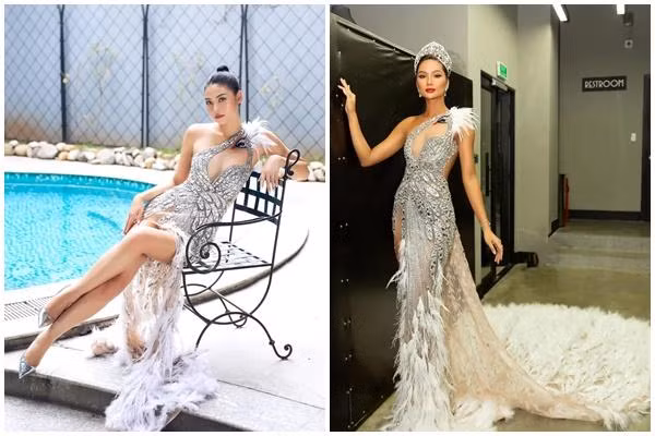 Đào Thị Hà mặc lại chiếc đầm lông vũ dài quét đất của H'Hen Niê vẫn lộng lẫy như nữ thần.