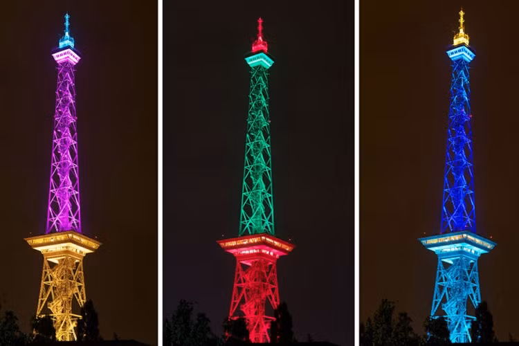 Tháp phát thanh nổi tiếng ở Tây Berlin với nhiều màu sắc khác nhau.