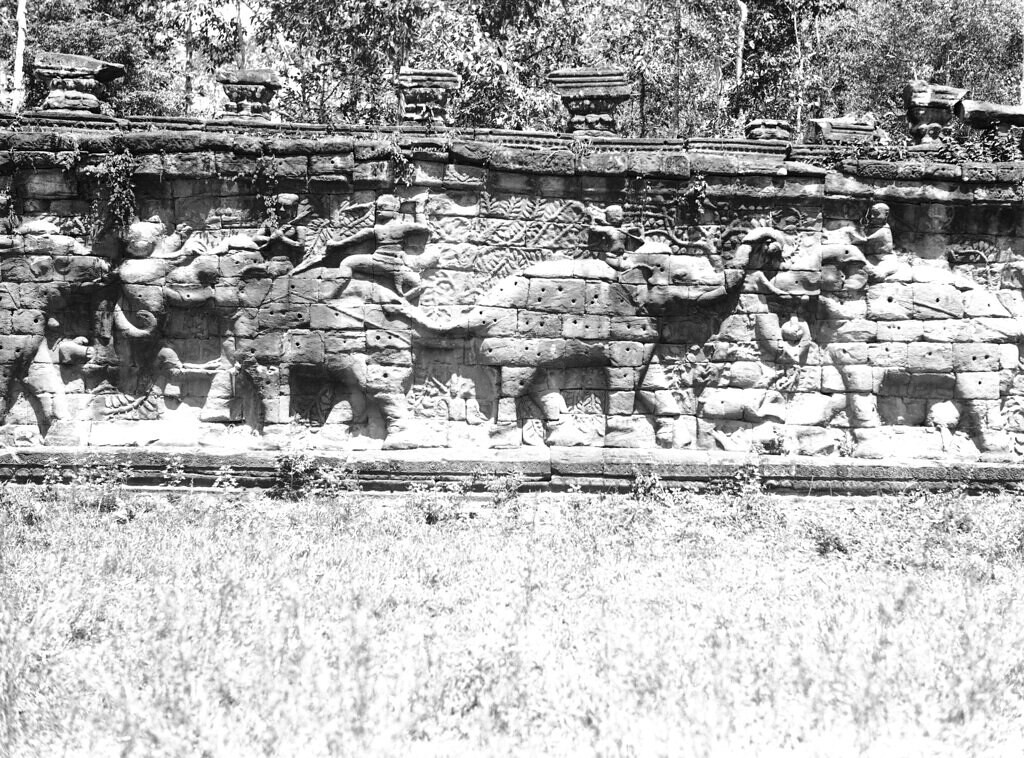Hình voi chiến trên bức tưởng ở Angkor Wat, 1933.
