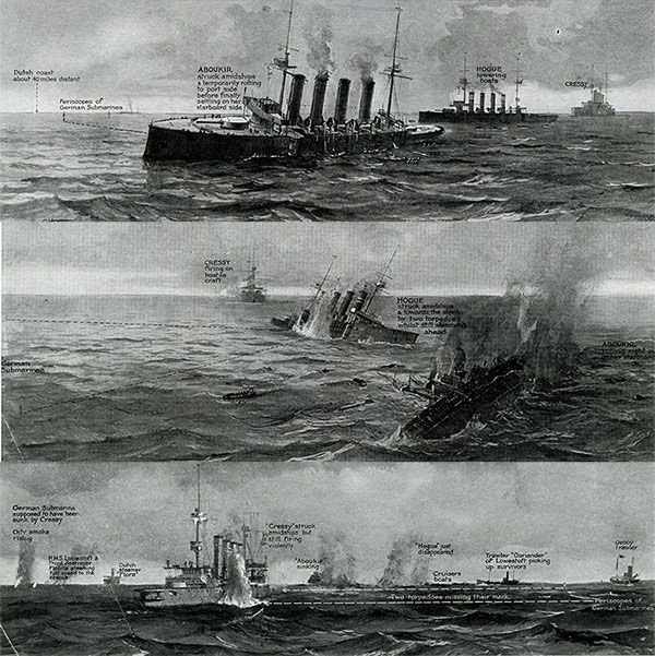 Việc các tàu chiến của Anh co cụm lại gần là món quà bất ngờ cho người Đức. Vào 6h55, U-9 bắn tiếp 2 ngư lôi về phía HMS Hogue. Thuyền trưởng Wilmot Nicholson ra lệnh bỏ tàu và 10 phút sau, Hogue lật úp và chìm gần như cùng lúc với Aboukir.