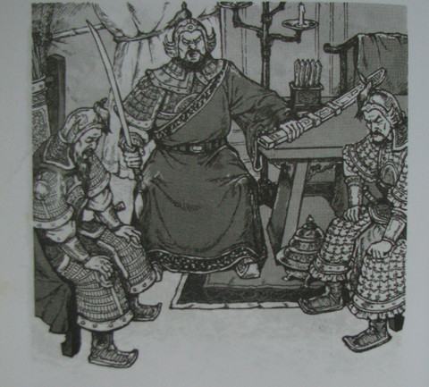 Quách Quỳ và các tùy tướng rầu rĩ trong thế tiến thoái lưỡng nan ở phòng tuyến Như Nguyệt. Ảnh chụp từ sách "Kể chuyện lịch sử Việt Nam bằng tranh".