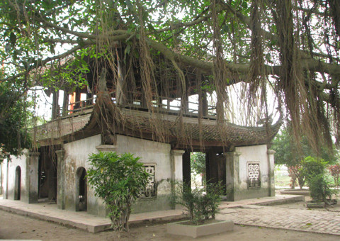 Phía trước chùa là gác chuông hình vuông 2 tầng 8 mái nằm dưới tán một cây đa cổ thụ với rễ phủ xuống càng làm tăng thêm vẻ cổ kính cho ngôi chùa.