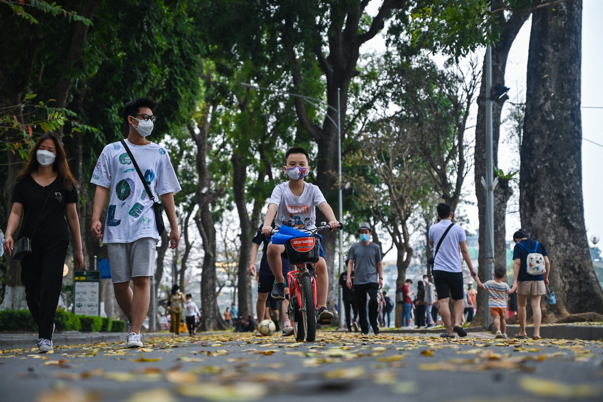 Thời tiết dịp này tại Hà Nội mát mẻ như mùa thu, nhiều con đường lá rụng trải thảm khiến chuyến vui chơi của mọi người vui vẻ và thoải mái hơn.