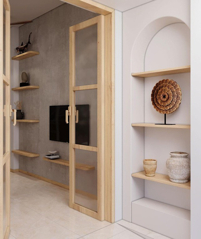 Tầng 2 được thiết kế làm không gian riêng tư, bao gồm phòng ngủ và tủ áo quần với phong cách đơn giản, bằng cách sử dụng những thanh gỗ thông nhẹ nhàng nhưng rất chắc chắn.