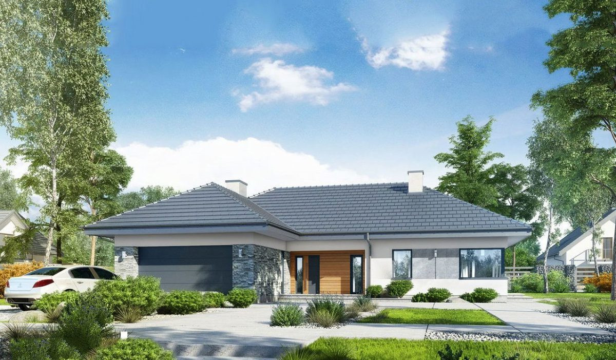 Thiết kế theo phong cách hiện đại mang hơi hướng châu Âu, tông màu ghi trầm chủ đạo cùng những mảng tường dày ốp đá khiến căn nhà trông vững chãi, khỏe khoắn.