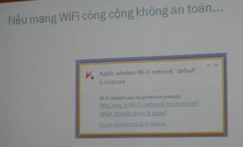 Cảnh báo khi mạng wifi công cộng không an toàn đối với người dùng trong một phần mềm của Kaspersky.
