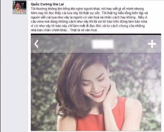 Những bức xúc được Quốc Cường "trút" trên trang cá nhân. Bài viết mang tựa đề "Hết bán cha buôn rượu, Hà Hồ lại bán Cường đô la" của trang tin này là "đỉnh cao" của trò giật title câu view.