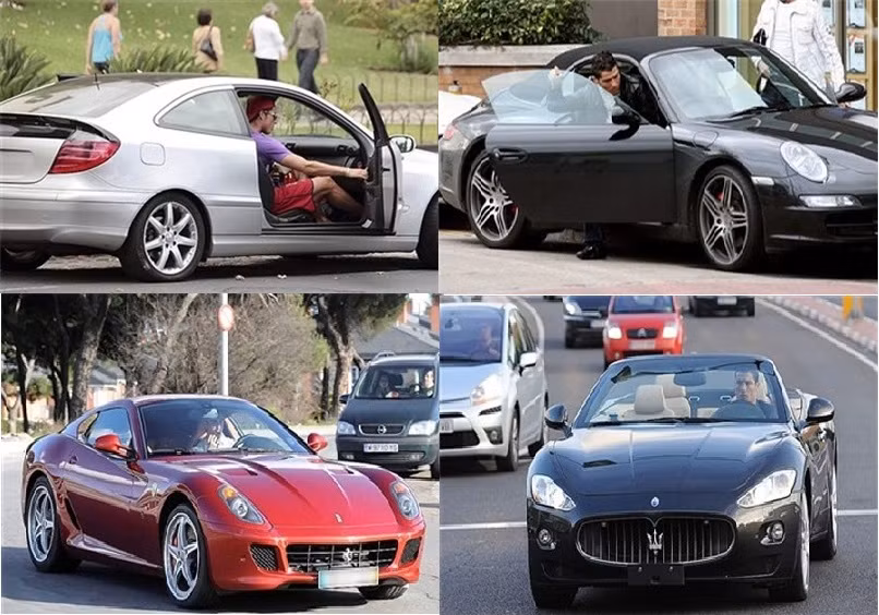 Chiếc Mercedes-Benz C-Class Sports Coupe của CR7 có giá 55.000 USD, Porsche 911 Carrera 2S Cabriolet có giá 101.000 USD, Ferrari 599 GTB Fiorano có giá 520.000 USD và Maserati GranCabrioi giá 140.000 USD (ảnh từ trái sang phải).