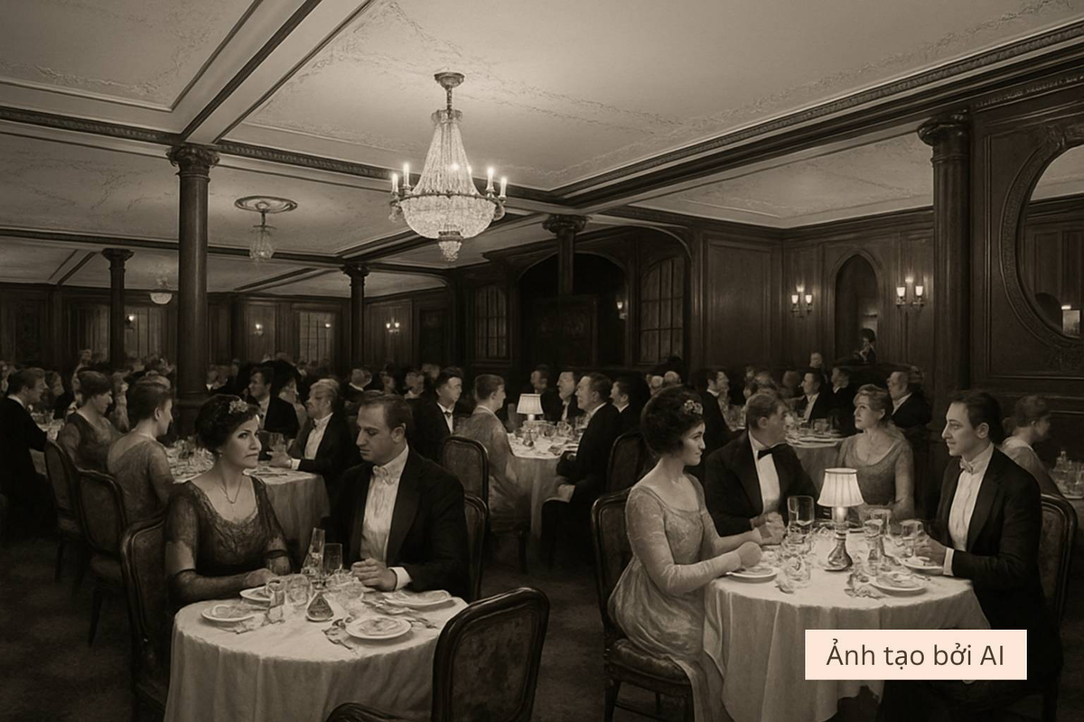 Tối 14/4/1912, bữa tiệc cuối cùng diễn ra trong ánh nến lung linh, tiếng nhạc waltz, rượu vang đỏ và thực đơn mười một món gồm hàu sống, cá hồi sốt Mousseline, vịt quay sốt táo, cừu nướng bạc hà và thịt bò sốt vang đỏ. Mọi giác quan đều được nuông chiều trong không khí lộng lẫy và lạc quan.(Ảnh: Thanh niên Việt)