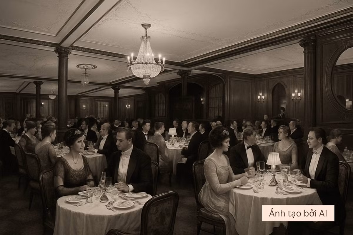 Tối 14/4/1912, bữa tiệc cuối cùng diễn ra trong ánh nến lung linh, tiếng nhạc waltz, rượu vang đỏ và thực đơn mười một món gồm hàu sống, cá hồi sốt Mousseline, vịt quay sốt táo, cừu nướng bạc hà và thịt bò sốt vang đỏ. Mọi giác quan đều được nuông chiều trong không khí lộng lẫy và lạc quan.(Ảnh: Thanh niên Việt)