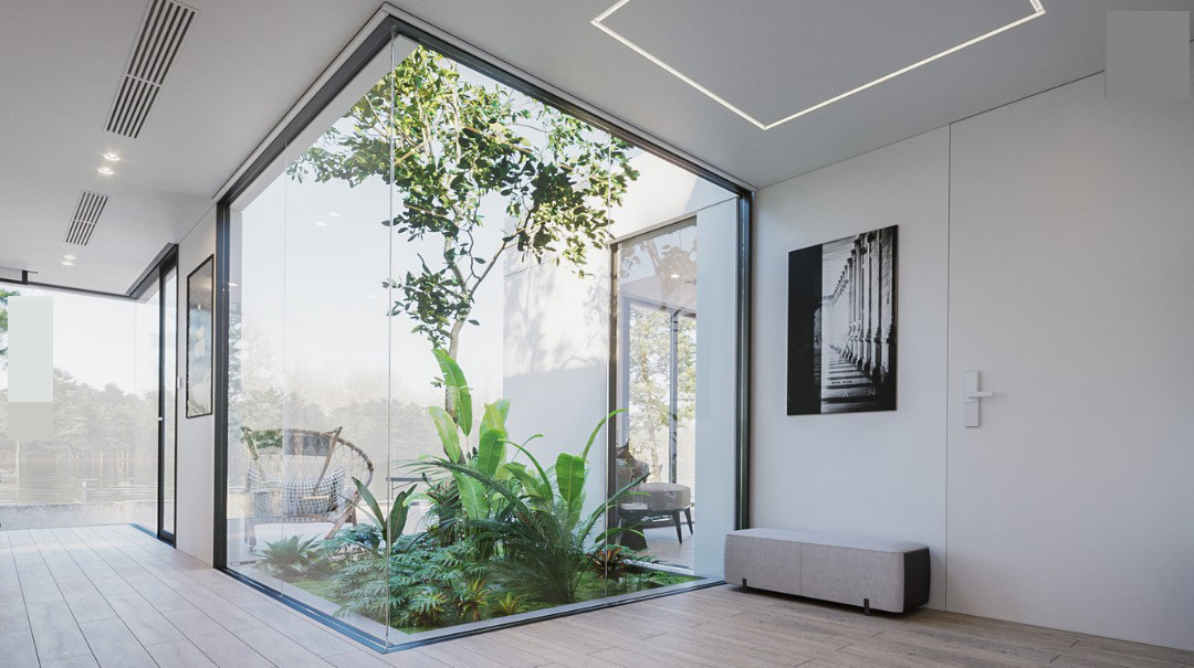 Nhóm kiến trúc sư sử dụng các mảng kính lớn thay tường để đón ánh sáng tự nhiên vào nhà. Đây cũng là giải pháp để mang không gian sống hòa hợp với thiên nhiên hơn.