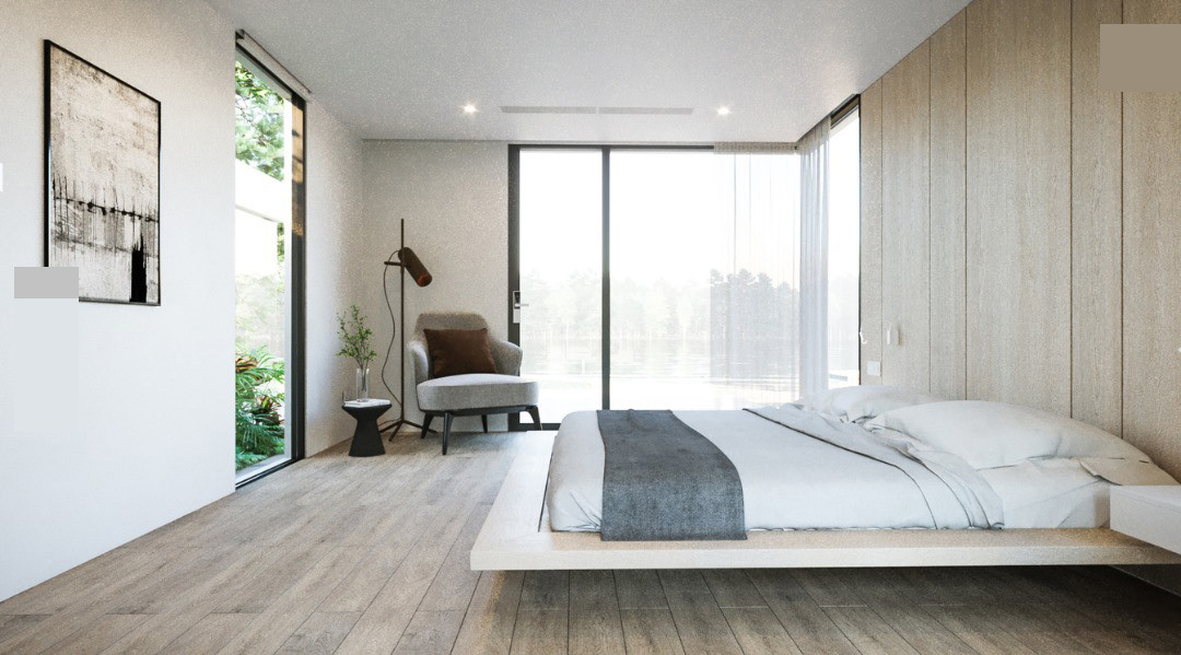 Phòng ngủ có 3 mặt nhìn ra rừng và vườn. Tuy nhiên, kiến trúc sư thiết kế các góc tường, mành rèm để đảm bảo kín đáo, yên tĩnh và riêng tư khi gia chủ cần nghỉ ngơi.