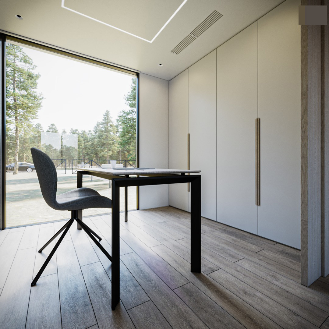 Công trình do kiến trúc sư Nguyễn Xuân Nam và nhóm thiết kế thực hiện. Anh Nam chia sẻ, mong muốn của gia chủ khi tìm tới kiến trúc sư là muốn xây một ngôi nhà thứ hai theo phong cách tối giản, gần gũi với thiên nhiên, nội thất tiện nghi, hiện đại. Ảnh: Phòng làm việc tối giản, hệ tủ âm tường cất đồ ngăn nắp.