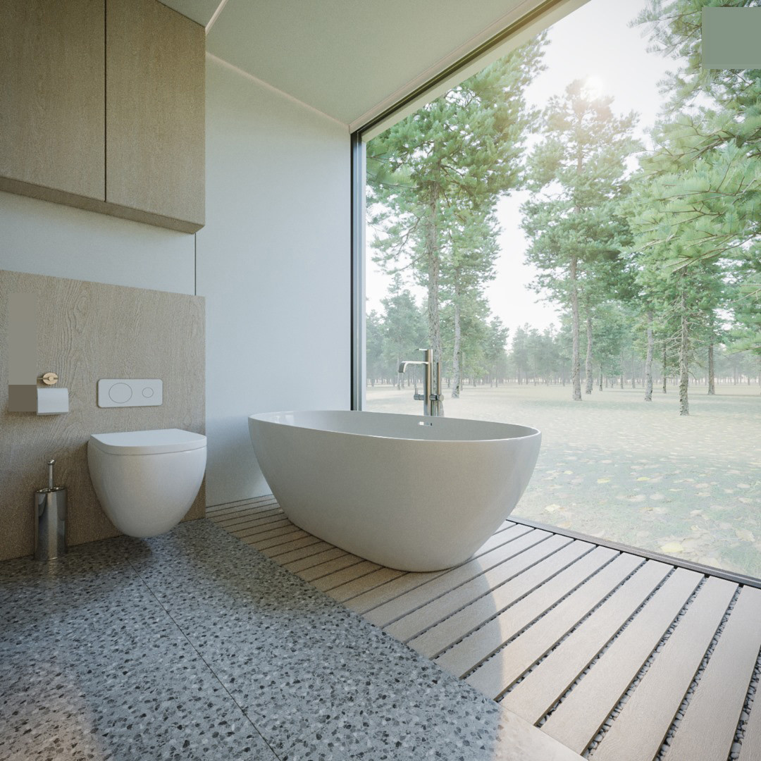 Phòng tắm sang trọng, bồn cầu âm tường cảm ứng và bồn tắm nhìn ra rừng thông bao la. Mỗi khi thư giãn, ngâm mình trong làn nước mát với hương thơm dịu nhẹ từ những cánh hoa, tận hưởng không gian thoáng đãng chắc chắn là khoảnh khắc thú vị cho gia chủ.