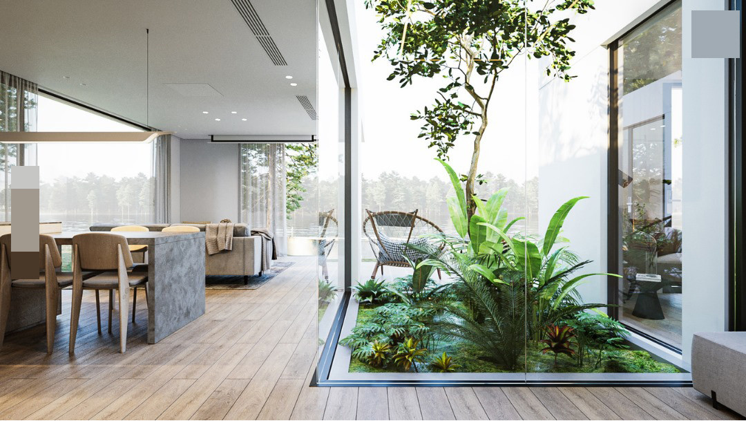 Khoảng giữa kết nối hai phần nhà là mảnh vườn mini.