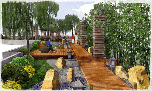 Phối cảnh vườn dưỡng sinh Nhật Bản.