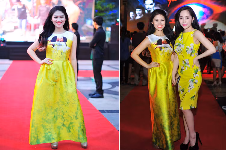Không hẹn trước, Ngọc Thanh Tâm và Quỳnh Nga tạo ra sự thú vị khi sánh bước cùng nhau trong trang phục có tông màu vàng với những hoạ tiết độc đáo.