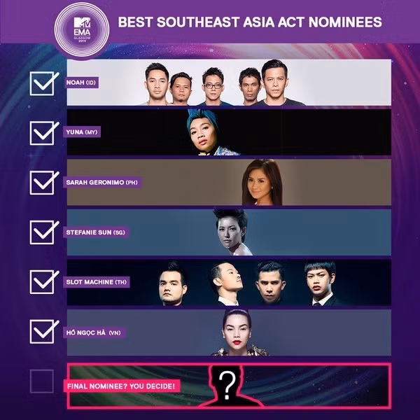 Thông tin Hồ Ngọc Hà đại diện VN tranh giải MTV EMA 2014 được MTV Thái Lan công bố.