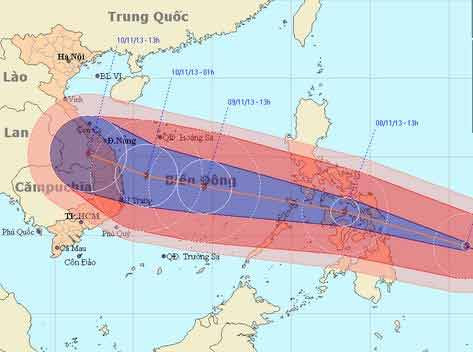 Nếu tiếp tục đi lan ra theo hướng Bắc ven biển miền Trung, bão Haiyan sẽ gây mưa lớn đến cả khu vực Hà Nội. Nguồn: Nchmf.
