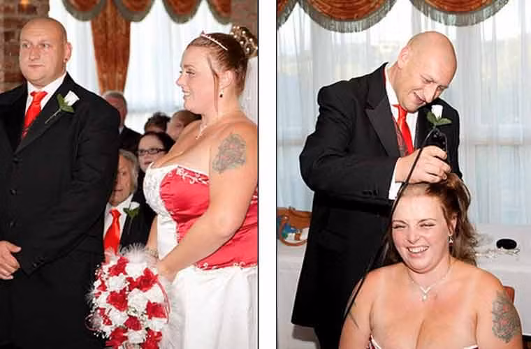 Chính vì vậy, ngay trong thời gian diễn ra buổi tiệc cưới, chú rể Mick đã bất ngờ tiến về phía người vợ mới cưới, bắt đầu cạo tóc của cô.