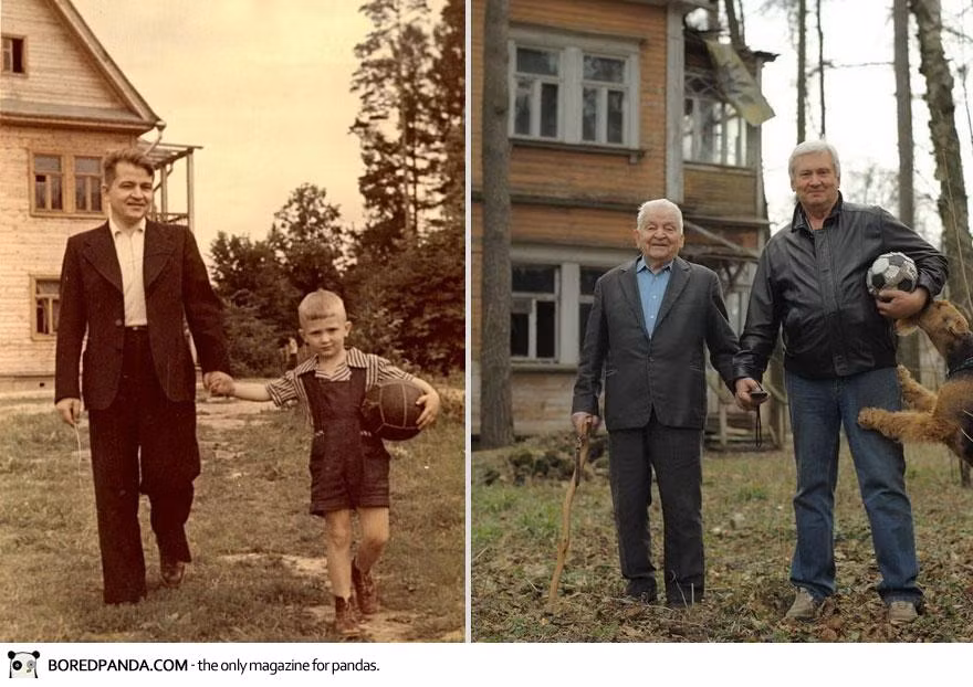 Bức ảnh thể hiện tình cảm gắn bó của cha và con trai. Ảnh trái chụp năm 1949 và ảnh phải chụp năm 2009.