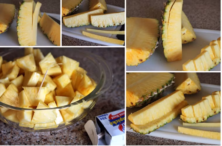 Dùng dao nhỏ để gọt phần vỏ xù xì bỏ đi để lấy được những miếng dứa vàng ươm, không bị nát do ảnh hưởng của quá trình cắt từng mắt một. Nhược điểm của cách này là nó “ngốn” khá nhiều phần thịt dứa bên trong.