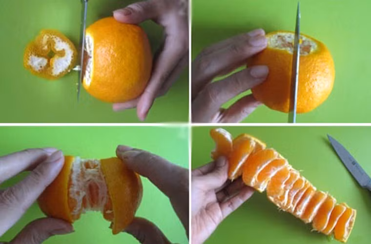 Quả cam. Chúng ta quen dùng tay để bóc vỏ cam (quýt) hay dùng dao cắt. Thật ra, có một cách giúp lột vỏ cam cực nhanh khi dùng dao cắt hai đầu quả cam, sau đó khía một đường dài ngoài vỏ. Chỉ cần từ từ tách chúng ra là có thể lấy được các tép cam thật dễ dàng.
