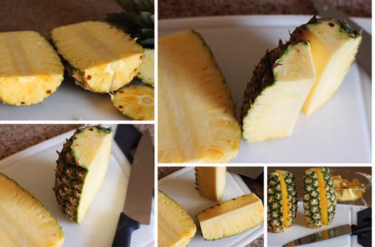 Quả dứa. Đây là loại trái cây rất được ưa chuộng trong mùa hè song nhiều người lại ngại ăn nó vì phải tỉ mẩn gọt từng mắt nhỏ. Tuy nhiên, công việc chuẩn bị sẽ được rút ngắn bằng cách bổ dứa thành những miếng nhỏ.