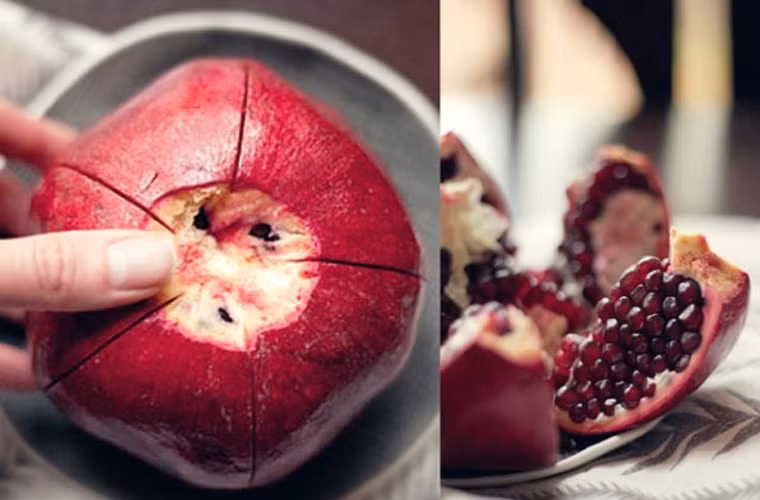 Quả lựu. Dùng dao cắt đôi trái lựu sẽ làm thất thoát một lượng nước lớn và khiến nó nhìn không được ngon. Thay vào đó, bạn có thể cắt bỏ một ít ở phần đầu rồi khía các đường chạy dọc thân quả; nhẹ nhàng tách nó ra theo các đường đã khía.