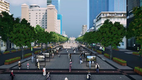 Phối cảnh quảng trường đi bộ, đài phun nước, ánh sáng hiện đại... của đường Nguyễn Huệ khi hoàn thành.