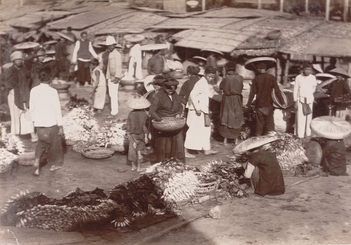 Cảnh chợ xưa ở Hải Phòng, khoảng năm 1890. Mặt hàng chính của các quầy hàng ở đây là củ cải với phần lá vẫn để nguyên.