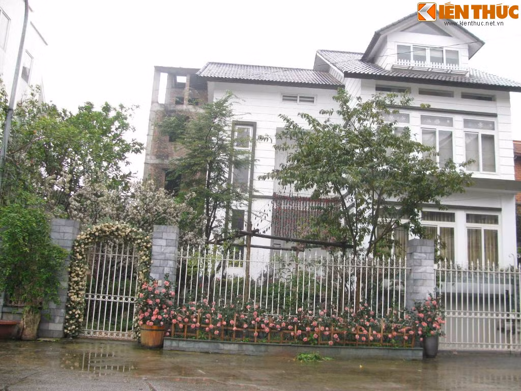 Chủ nhân ngôi biệt thự này đã đưa hàng chục loại hoa vào ngôi nhà của mình. Không chỉ là cổng, hàng rào, ban công mà sân vườn của biệt thự còn được trang trí bởi nhiều loại hoa khác nhau, trong đó nổi bật nhất là 2 cây đào một phai một trắng.
