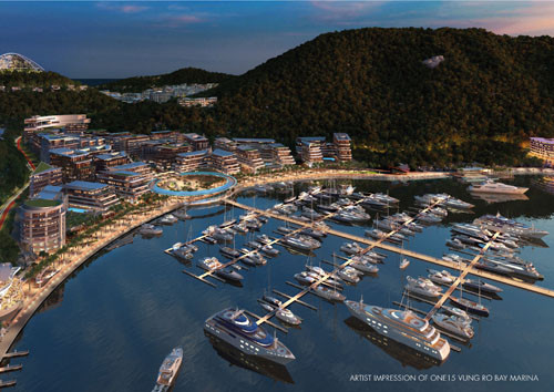Ông James Chew - Giám đốc Phát triển của Công ty Dầu khí Vũng Rô cho biết, đây sẽ là điểm dừng chân lý tưởng để các chủ thuyền nghỉ ngơi, tiếp nhiên liệu và các nhu yếu phẩm vì Vũng Rô rất gần đường đi của tàu bè quốc tế. Ảnh: Bản vẽ nghệ thuật của ONE15 Vung Ro Bay Marina Resort.