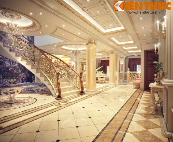 Toàn bộ mặt bằng tầng 1 và tầng 2 của ngôi nhà với quy mô đều hơn 1.000 m2 được thiết kế rất chuyên nghiệp và gây ấn tượng. Sàn nhà được lát bằng đá quý, tiêu tốn của gia chủ hàng tỷ đồng.