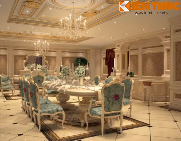 Phòng ăn không kém phần lộng lẫy như khách sạn 5 sao. Những thương hiệu nổi tiếng như bàn ăn Mobilpiu, bộ bát đĩa Depos được làm thủ công, dát vàng 24K tăng thêm sự sang trọng cho phòng ăn.