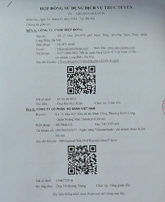 Bản hợp đồng "lạ" giao dịch bằng Bitcoin giữa Công ty Hiệp Đồng và Công ty So sánh Việt Nam, có chứa mã QR Code và địa chỉ Bitcoin 2 bên.