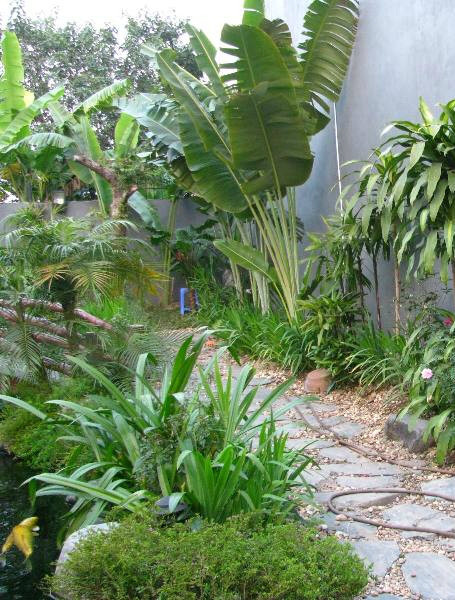 Lối đi trong sân vườn được bố trí rộng và đồng bộ với đá và sỏi là chính.