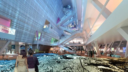 Hình thái kiến trúc tổng thể tòa nhà gồm 2 cánh đặt nghiêng và chụm vào nhau bên trên một không gian thông tầng rộng lớn. Mặt tiền chính hướng về phía quảng trường là cả một mảng vườn treo được bảo vệ bởi hệ thống thanh lam kim loại che nắng. Ảnh: Khu vực triển lãm tại sảnh thông tầng trung tâm.