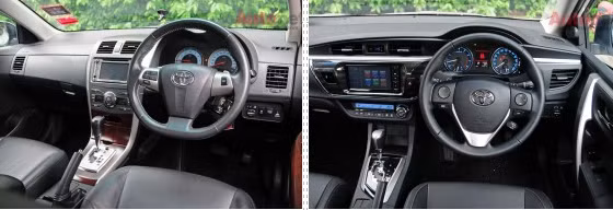 Phía trong nội thất, Altis mới (xe phải) có phong cách hiện đại, thể hiện rõ ở khu vực táp lô, đồng hồ và cụm điều khiển trung tâm. Chắc chắn Toyota sẽ cung cấp nhiều phiên bản nội thất để phục vụ nhu cầu sử dụng của thị trường Việt.